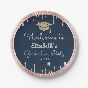 Graduation Cap Glitter Rose Gold Drips Navy Blue Paper Plate
