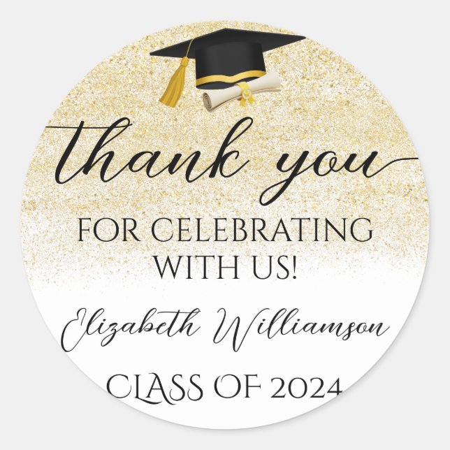 Graduation Cap Gold Glitter Party Favour Thank You Classic Round Sticker (Front)
