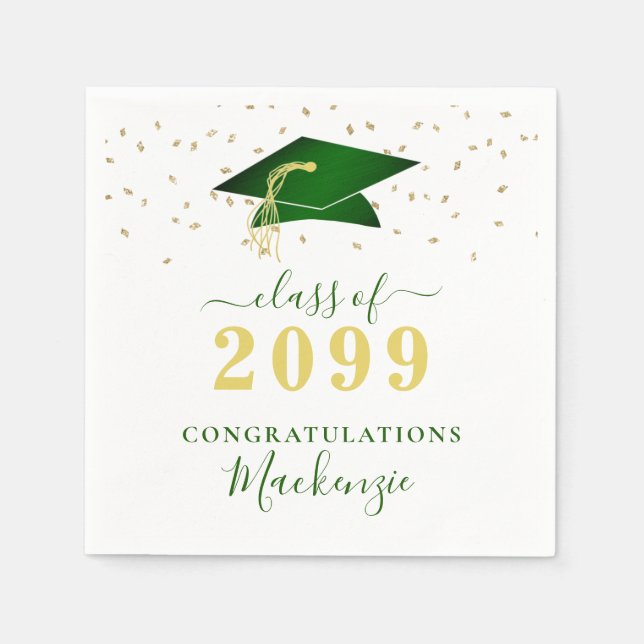 Graduation Cap Green Gold Confetti Script Napkin (Front)