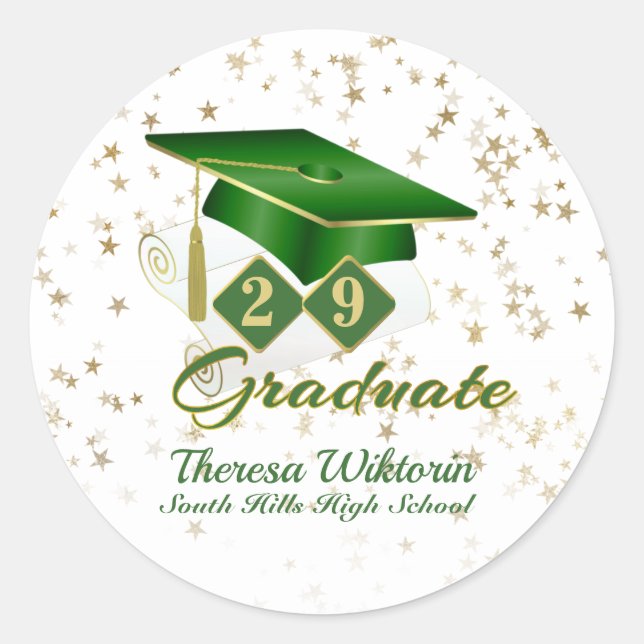 Graduation Cap Green Gold Stars Personalized Classic Round Sticker (Front)