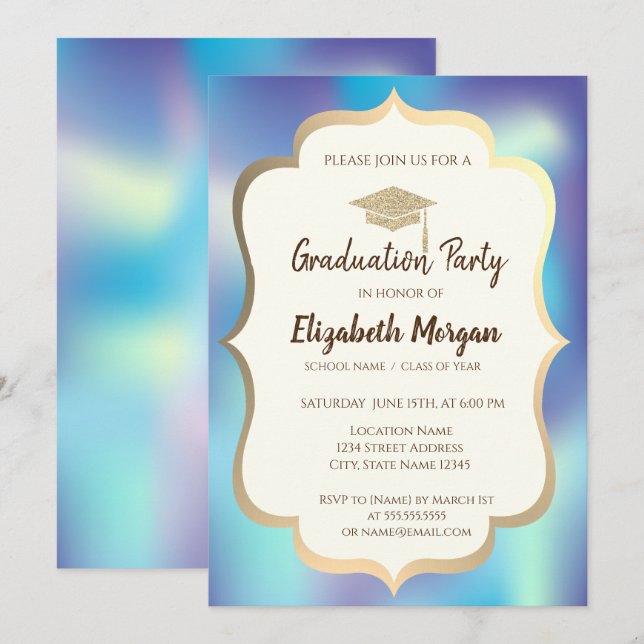 Graduation Cap Holographic Blue Graduation Part Invitation (Front/Back)