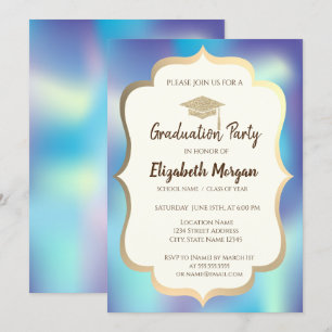 Graduation Cap Holographic Blue Graduation Part Invitation