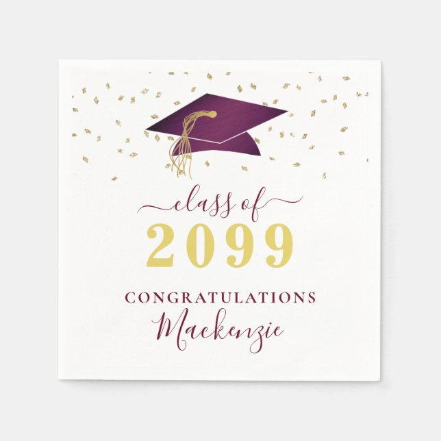 Graduation Cap Maroon Gold Confetti Script Napkin (Front)