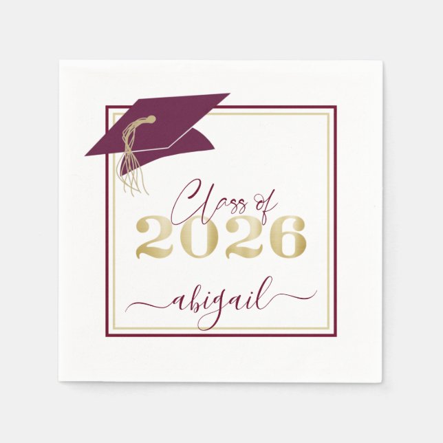 Graduation Cap Maroon Gold Script Class of 2026 Napkin (Front)