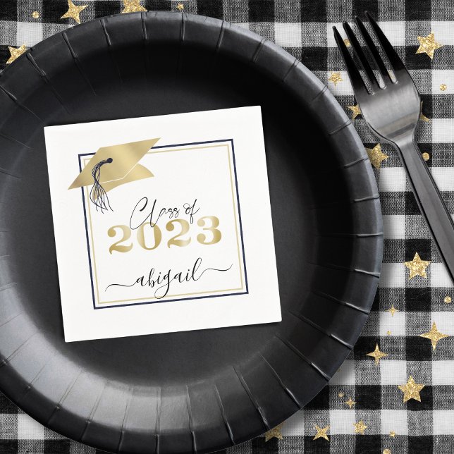 Graduation Cap Metallic Gold Script Napkin (Creator Uploaded)
