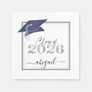 Graduation Cap Metallic Navy Blue Class of 2026 Napkin
