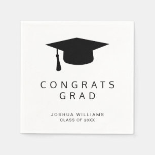 Graduation Cap Minimalist Black and White Congrats Napkin