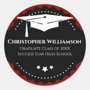 Graduation Cap Modern School Red Black Classic Round Sticker