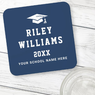 Graduation cap name college sports font dark blue square paper coaster