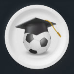 Graduation Cap on a Soccer Ball Paper Plate<br><div class="desc">Black graduation cap on a soccer ball isolated on a white background.
The background colour can be changed.</div>