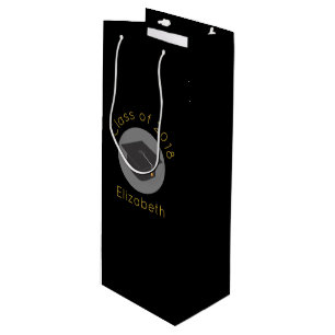 Graduation Cap on Black Class of 20xx Custom Wine Gift Bag