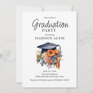 Graduation Cap Orange Fall Floral Photo Graduation Invitation