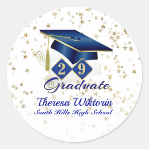 Graduation Cap Party Blue Gold Personalized Classi Classic Round Sticker