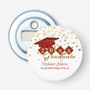 Graduation Cap Red Gold Confetti Personalized Bottle Opener