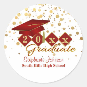 Graduation Cap Red Gold Confetti Personalized Classic Round Sticker
