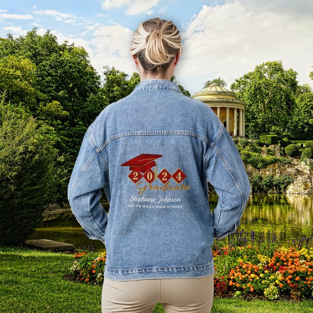 Graduation Cap Red Gold Personalized Denim Jacket (Graduation Cap Red Gold Personalized Denim Jacket)