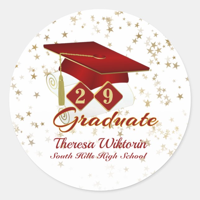 Graduation Cap Red Gold Stars Personalized Classic Round Sticker (Front)
