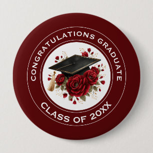 Graduation Cap & Red Roses Class of 20XX 4 Inch Round Button