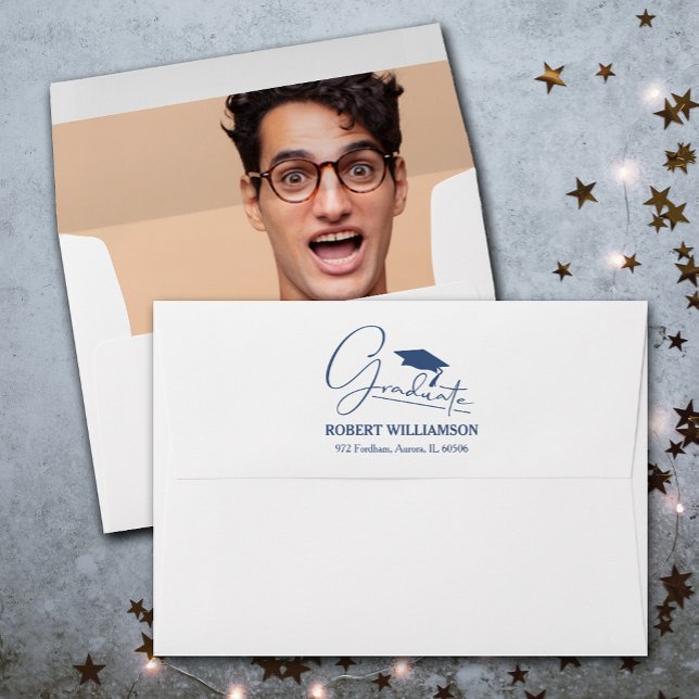 Graduation Cap Return Address and Photo Inside  Envelope (Your photo is PRINTED inside these envelopes with our FREE return address printed on the back.)