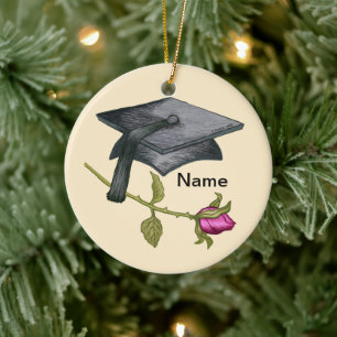 Graduation Cap Rose Ceramic Ornament