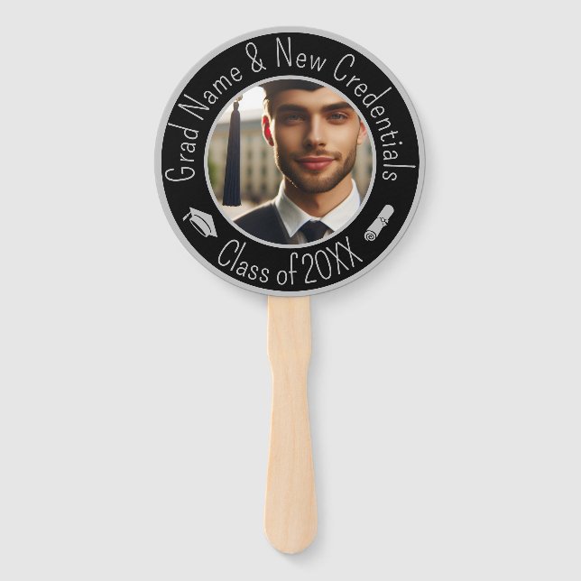 Graduation Cap, Tassel, Diploma Silver Black Photo Hand Fan (Front)