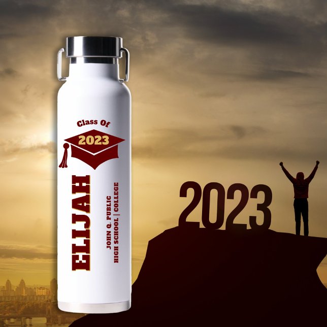 Graduation Cap - Tassel Dk Red Gold Class of 2023 Water Bottle (Creator Uploaded)