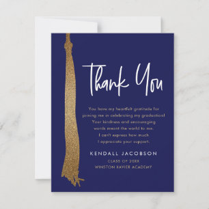 Graduation Cap Tassel Gold Blue Modern Thank You Card