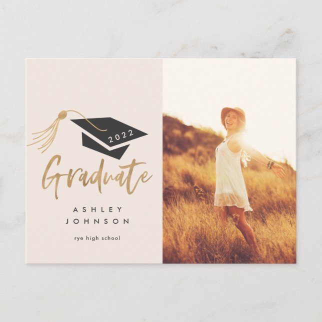 Graduation Cap Tassel Gold Foil Photo 2022 Announc Announcement Postcard (Front)