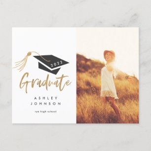 Graduation Cap Tassel Gold Foil Photo 2022 Announcement Postcard
