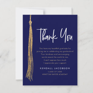 Graduation Cap Tassel Gold Navy Blue Modern Thank You Card