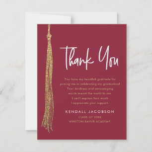 Graduation Cap Tassel Gold red Modern Thank You Card