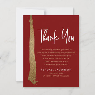 Graduation Cap Tassel Gold red Modern Thank You Card