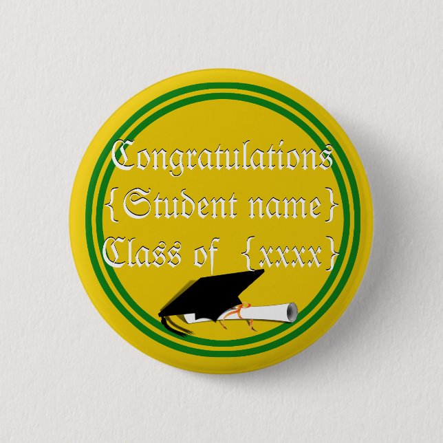 Graduation Cap Tilt School Colours Green And Gold 2 Inch Round Button (Front)