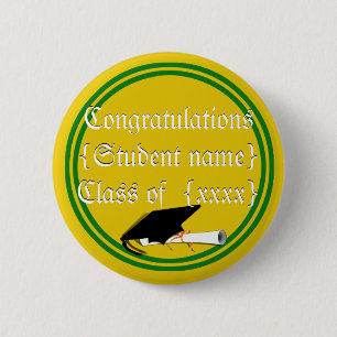 Graduation Cap Tilt School Colours Green And Gold 2 Inch Round Button