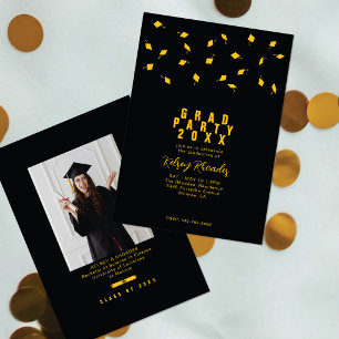 Graduation Cap Toss Black & Gold Grad Party Invitation