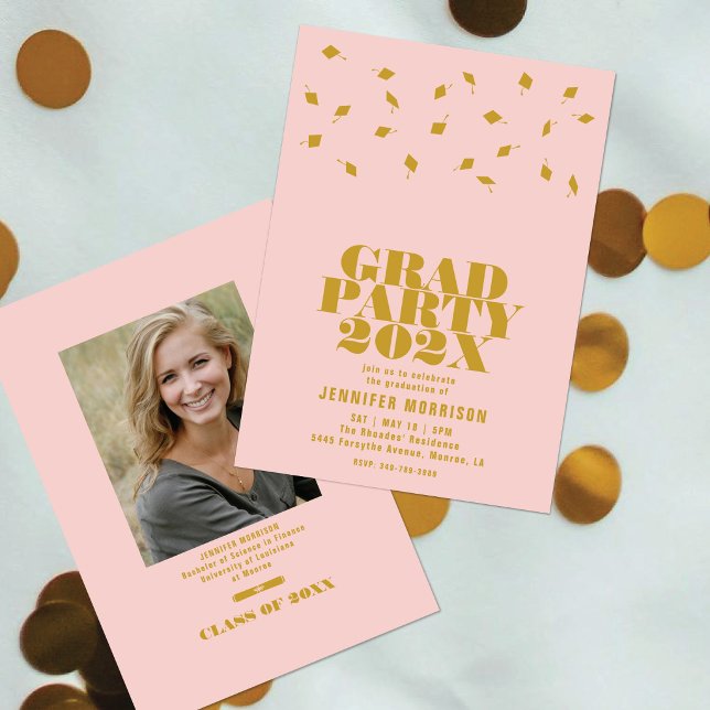 Graduation Cap Toss Blush & Gold Grad Party Invitation (Creator Uploaded)