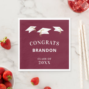Graduation Cap Toss CONGRATS Name Maroon Napkin