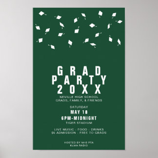 Graduation Cap Toss Green & White Grad Party Poster