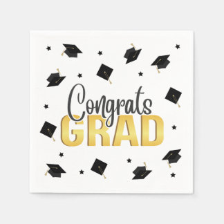 Graduation Cap Toss Napkins Black Gold Stars