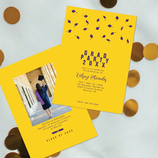 Graduation Cap Toss Purple & Gold Grad Party Invitation (Creator Uploaded)