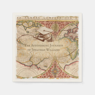 Graduation Cap Vintage World Map Monogram Name Napkin