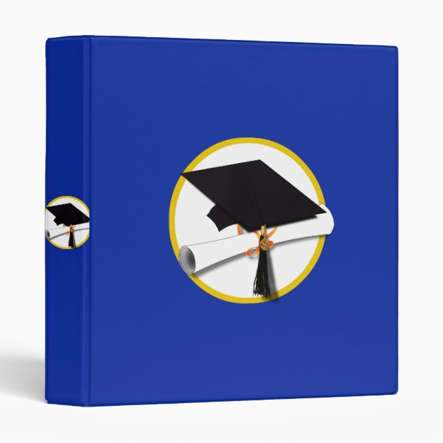 Graduation Cap w/Diploma - Dark Blue Background Binder (Front/Spine)