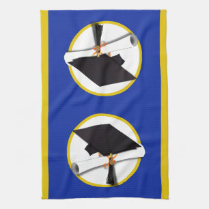 Graduation Cap w/Diploma - Dark Blue Background Kitchen Towel