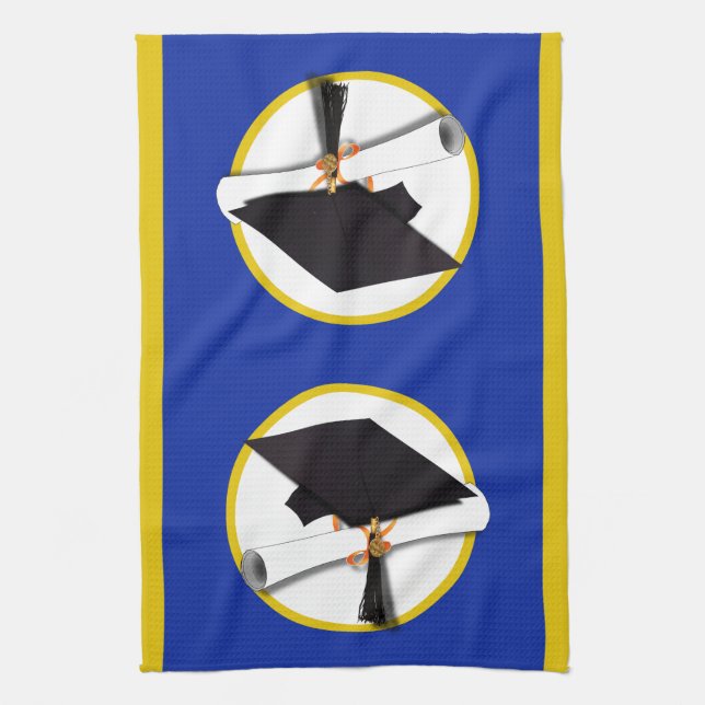 Graduation Cap w/Diploma - Dark Blue Background Kitchen Towel (Vertical)