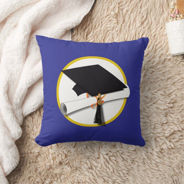 Graduation Cap w/Diploma - Dark Blue Background Throw Pillow (Blanket)