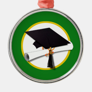 Graduation Cap w/Diploma - Green Background Metal Ornament