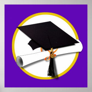 Graduation Cap w/Diploma - Purple Background Poster
