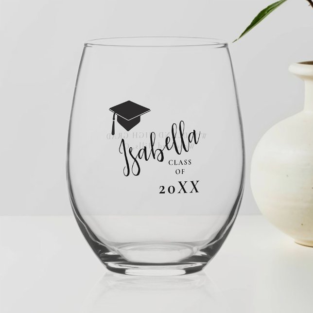 Graduation Cap Whimsical Calligraphy Personalized Stemless Wine Glass (graduation party personalized stemless wine glass grad gift high school college cap year calligraphy)