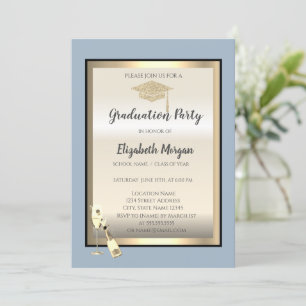 Graduation Cap,Wine Glass Dusty Blue Graduation Invitation