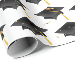 Graduation Caps and Gold Confetti Wrapping Paper